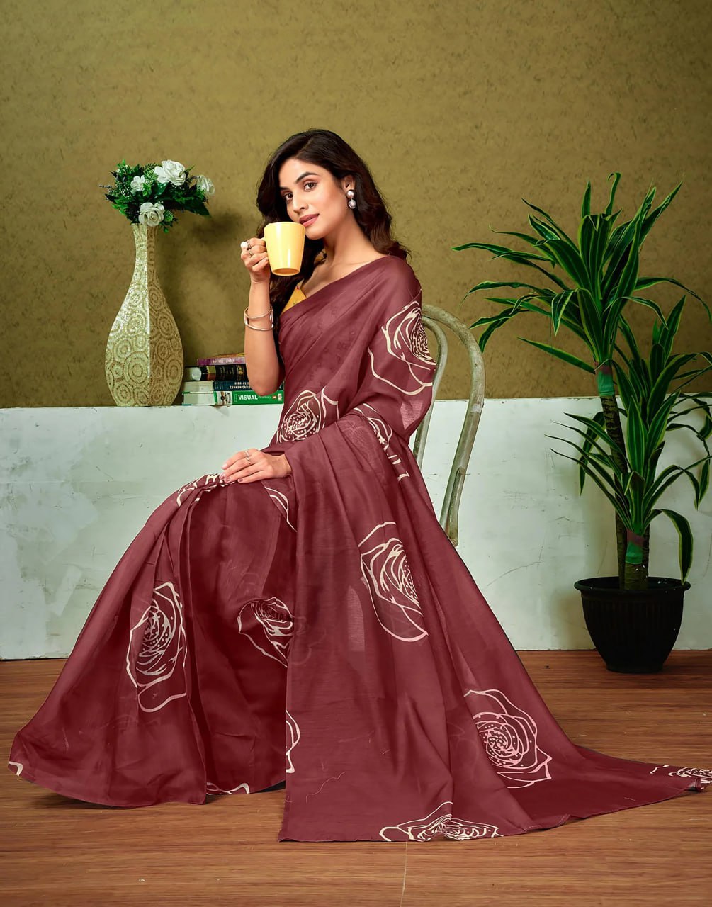 Designer Maroon Saree with White Floral Motifs – Ideal for Daily & Party Wear