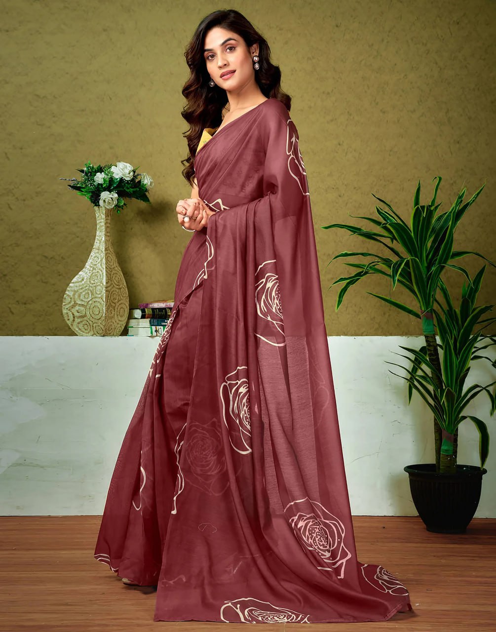 Designer Maroon Saree with White Floral Motifs – Ideal for Daily & Party Wear