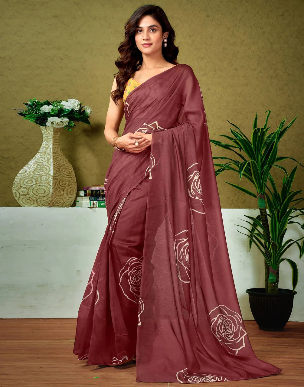 Designer Maroon Saree with White Floral Motifs – Ideal for Daily & Party Wear