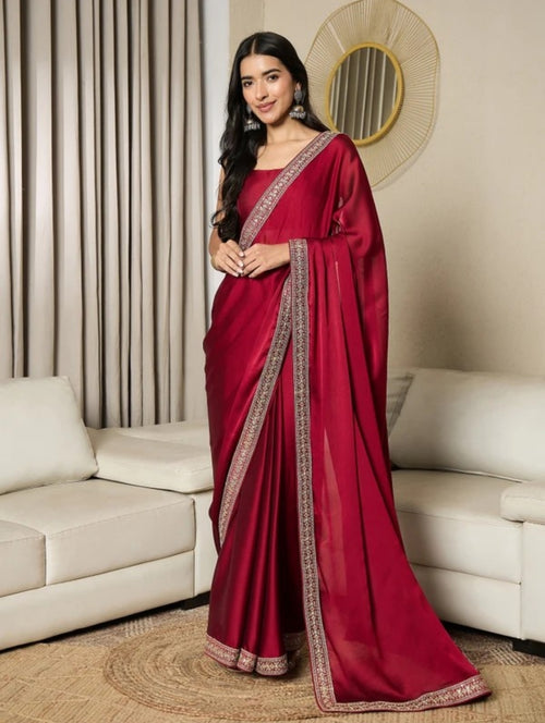 Classic Maroon Silk Saree with Intricate Embroidered Border – Timeless Elegance for Festive & Formal Wear