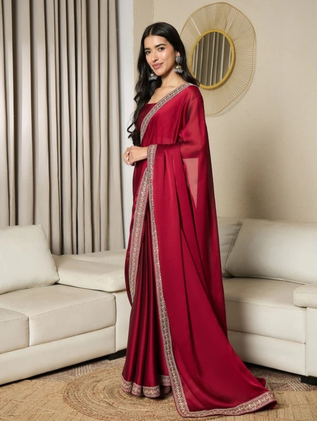 Classic Maroon Silk Saree with Intricate Embroidered Border – Timeless Elegance for Festive & Formal Wear