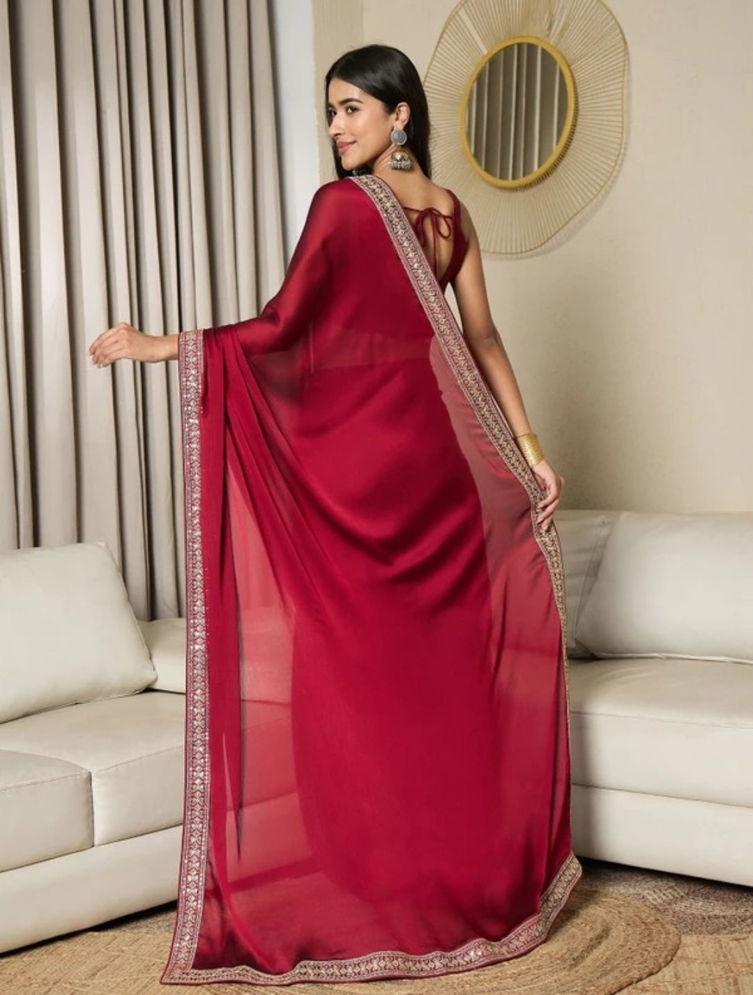 Classic Maroon Silk Saree with Intricate Embroidered Border – Timeless Elegance for Festive & Formal Wear
