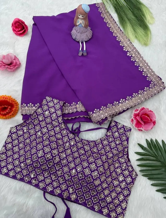 Elegant Purple Georgette Saree with Silver Lace Border and Designer Blouse – Perfect for Festive & Party Wear