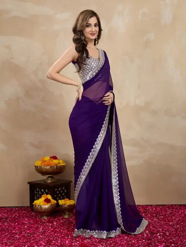 Elegant Purple Georgette Saree with Silver Lace Border and Designer Blouse – Perfect for Festive & Party Wear