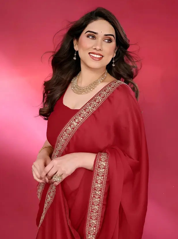Labheshwari Red Georgette Saree with Embroidered Lace Border