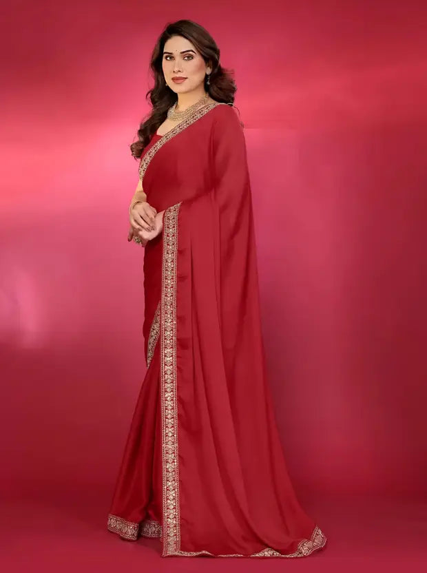 Labheshwari Red Georgette Saree with Embroidered Lace Border