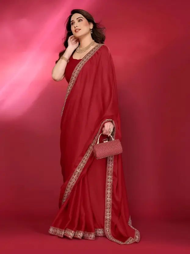 Labheshwari Red Georgette Saree with Embroidered Lace Border