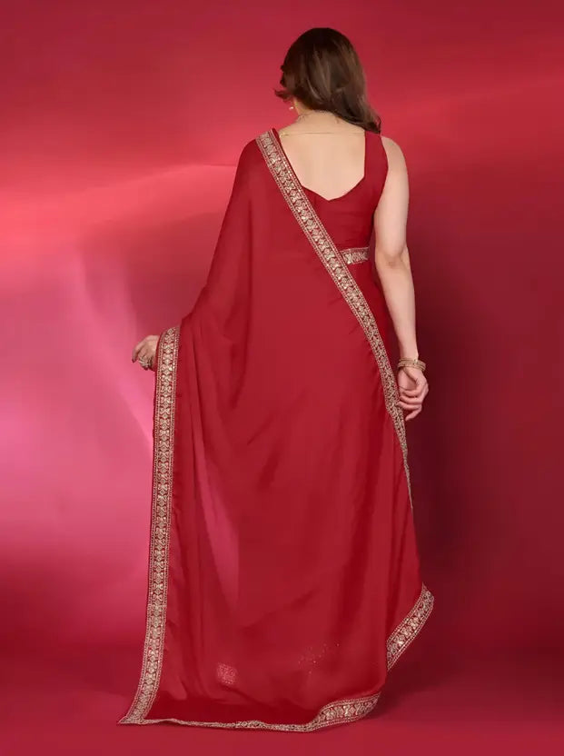 Labheshwari Red Georgette Saree with Embroidered Lace Border
