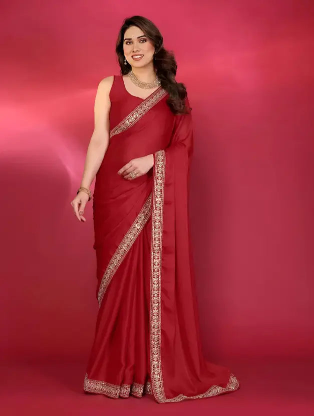 Labheshwari Red Georgette Saree with Embroidered Lace Border