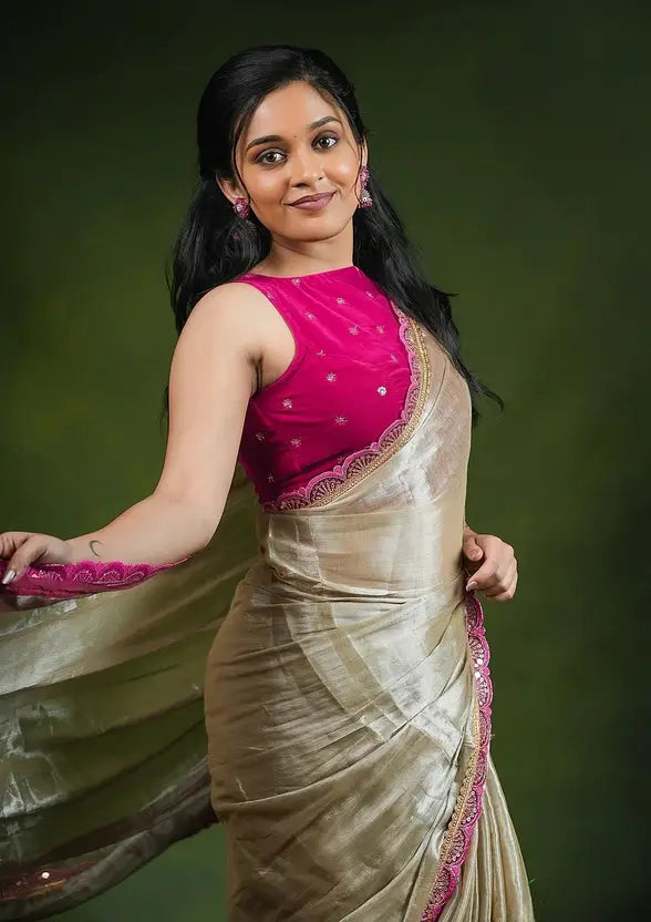Labheshwari Cream Saree with Big Rani Lace