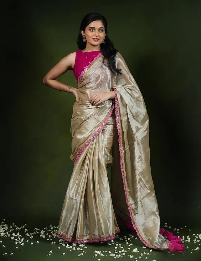 Labheshwari Cream Saree with Big Rani Lace