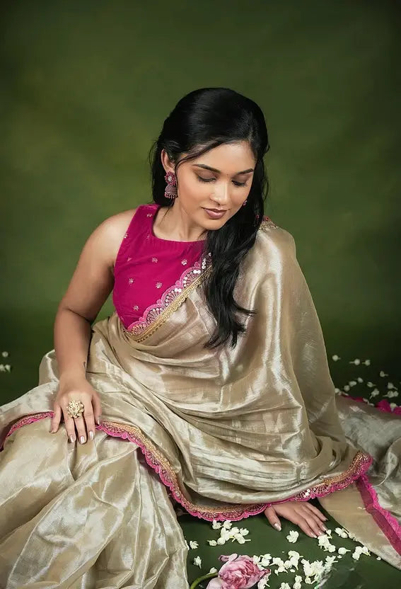 Labheshwari Cream Saree with Big Rani Lace