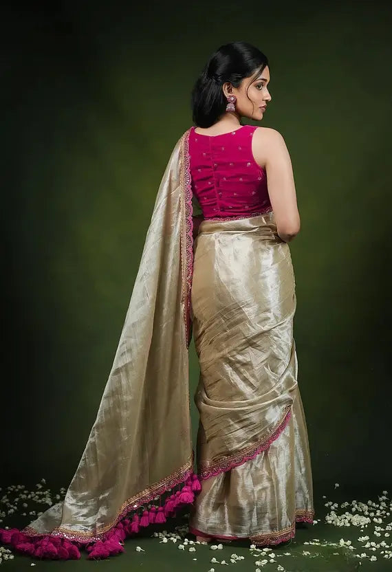 Labheshwari Cream Saree with Big Rani Lace