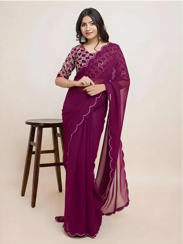 "Graceful Wine Saree with Intricate Lace Border – Ideal for Festive & Elegant Occasions"