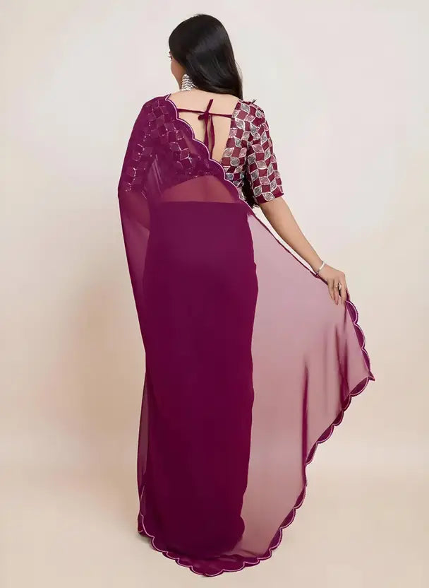 "Graceful Wine Saree with Intricate Lace Border – Ideal for Festive & Elegant Occasions"