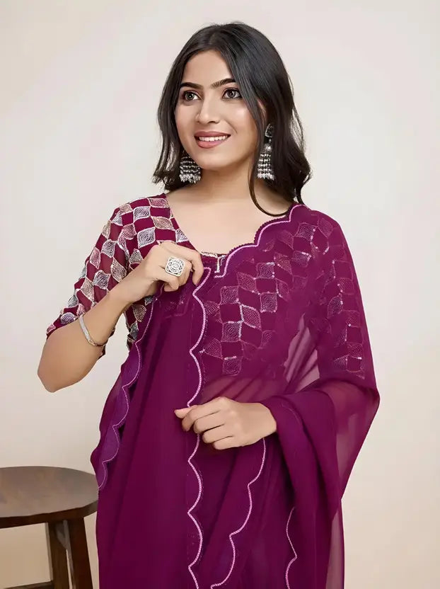 "Graceful Wine Saree with Intricate Lace Border – Ideal for Festive & Elegant Occasions"