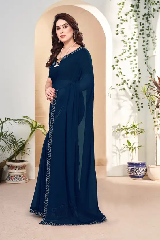 Labheshwari Rama (Light Blue) Georgette Saree with Hotfix Silver Diamond Border