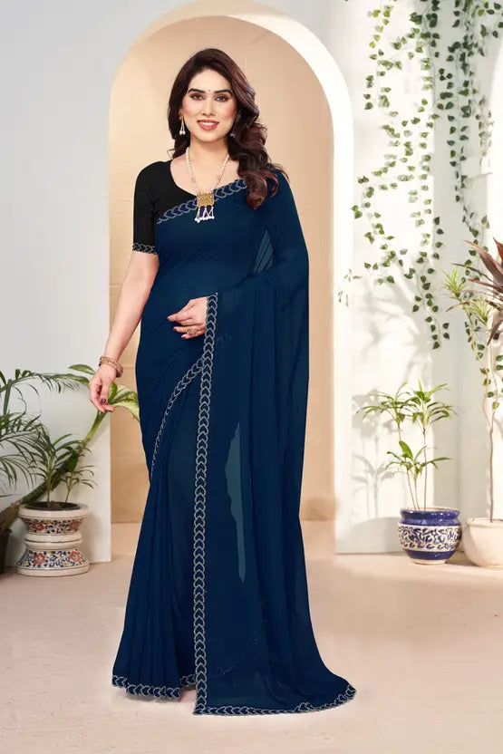 Labheshwari Rama (Light Blue) Georgette Saree with Hotfix Silver Diamond Border