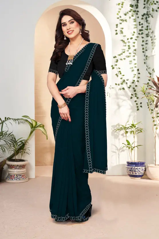 Labheshwari Rama (Light Blue) Georgette Saree with Hotfix Silver Diamond Border