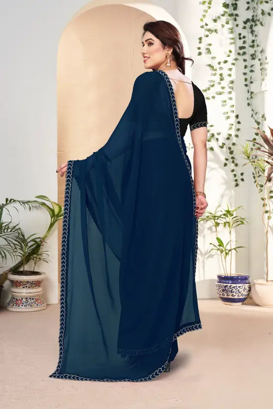 Labheshwari Rama (Light Blue) Georgette Saree with Hotfix Silver Diamond Border