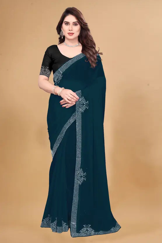 Labheshwari Blue Georgette Saree with Hotfix Border