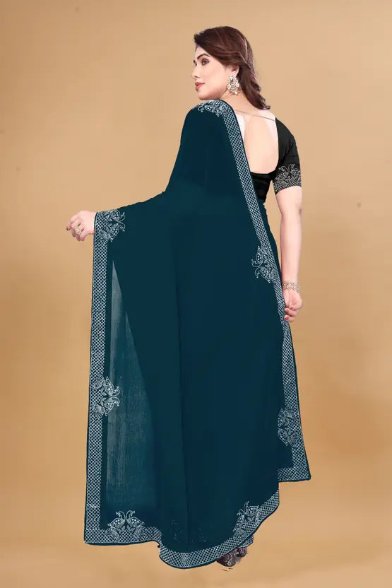 Labheshwari Blue Georgette Saree with Hotfix Border