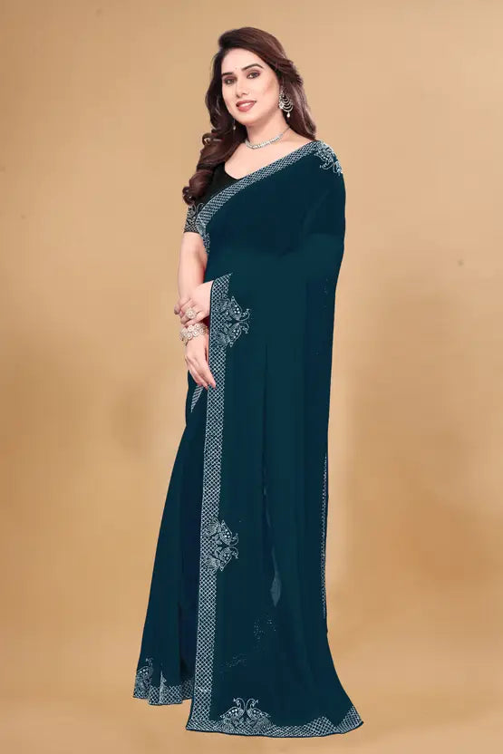 Labheshwari Blue Georgette Saree with Hotfix Border