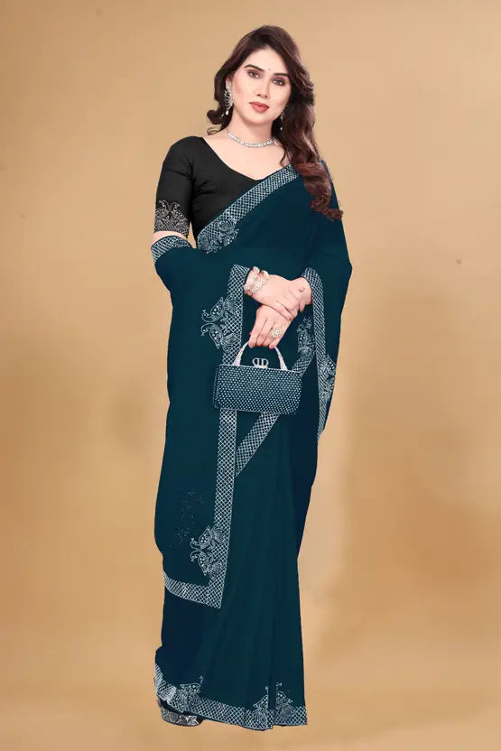 Labheshwari Blue Georgette Saree with Hotfix Border