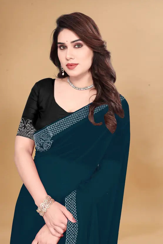 Labheshwari Blue Georgette Saree with Hotfix Border
