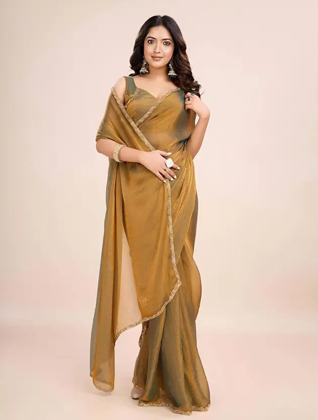 "Elegant Gold Georgette Saree with Subtle Lace Border – Perfect for Parties & Special Occasions"