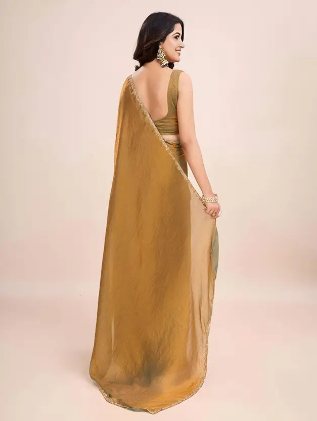 "Elegant Gold Georgette Saree with Subtle Lace Border – Perfect for Parties & Special Occasions"