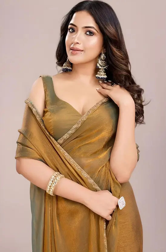 "Elegant Gold Georgette Saree with Subtle Lace Border – Perfect for Parties & Special Occasions"