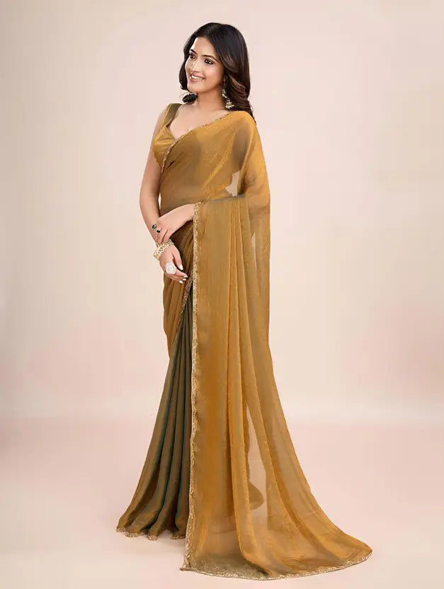 "Elegant Gold Georgette Saree with Subtle Lace Border – Perfect for Parties & Special Occasions"