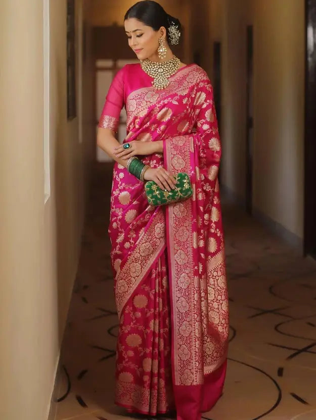 "Regal Pink Banarasi Silk Saree with Rich Zari Woven Motifs – Ideal for Weddings & Traditional Occasions"