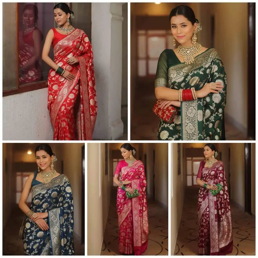 "Regal Pink Banarasi Silk Saree with Rich Zari Woven Motifs – Ideal for Weddings & Traditional Occasions"