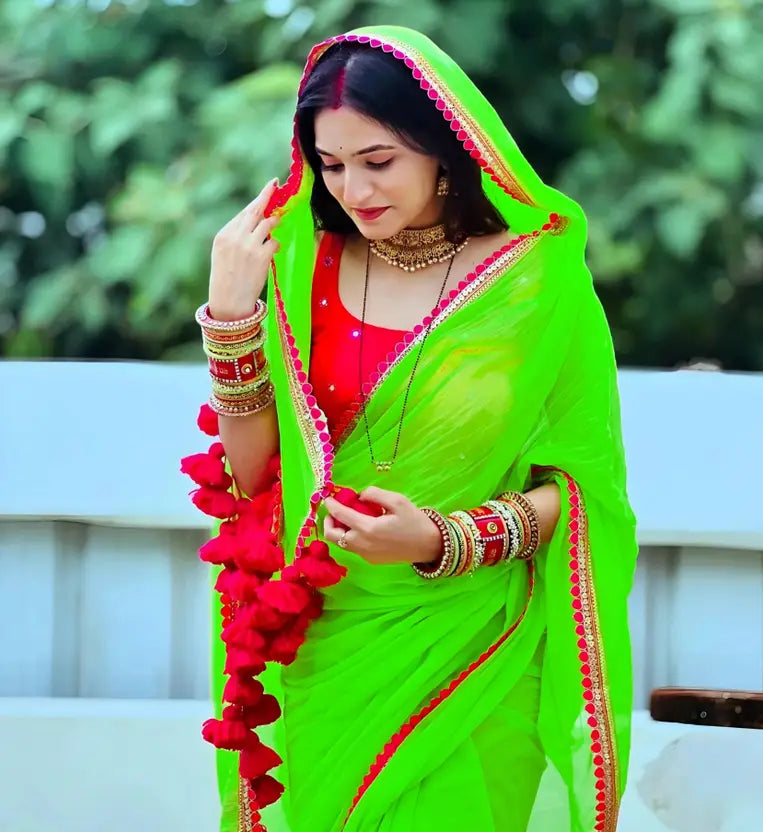 Embellished Daily Wear Georgette Saree  (Green)