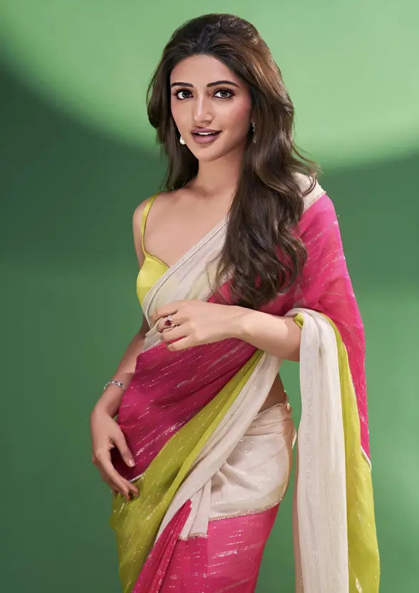 Labheshwari Multicolor Georgette Saree with Shimmer Detailing – Trendy & Festive Wear with Unstitched Blouse