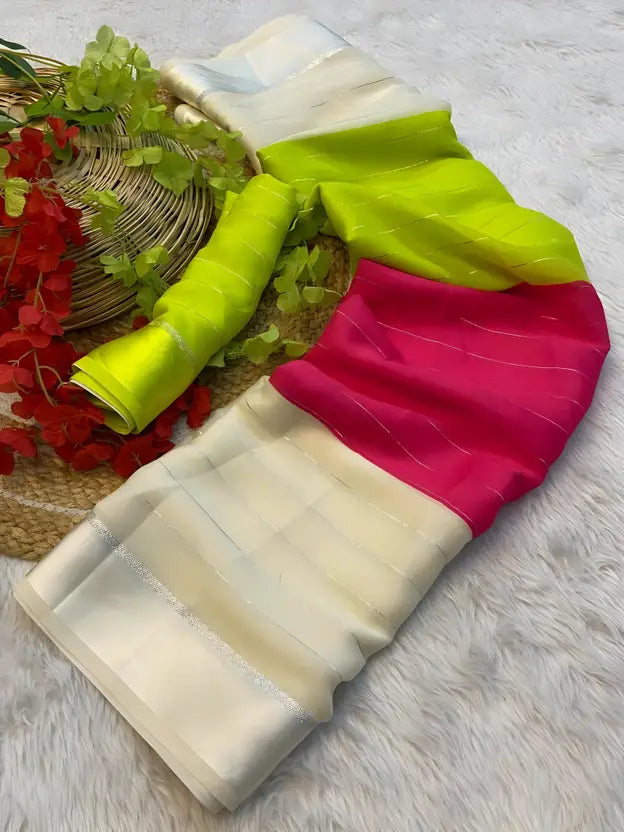 Labheshwari Multicolor Georgette Saree with Shimmer Detailing – Trendy & Festive Wear with Unstitched Blouse