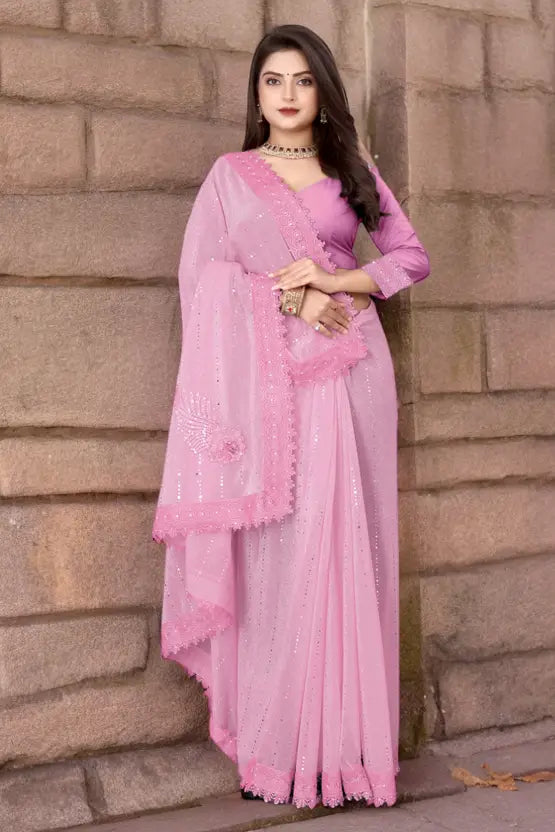 Labheshwari Pink Lycra Blend Saree with Lace Border