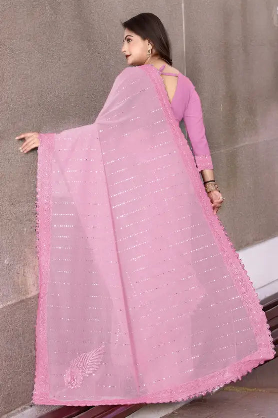 Labheshwari Pink Lycra Blend Saree with Lace Border