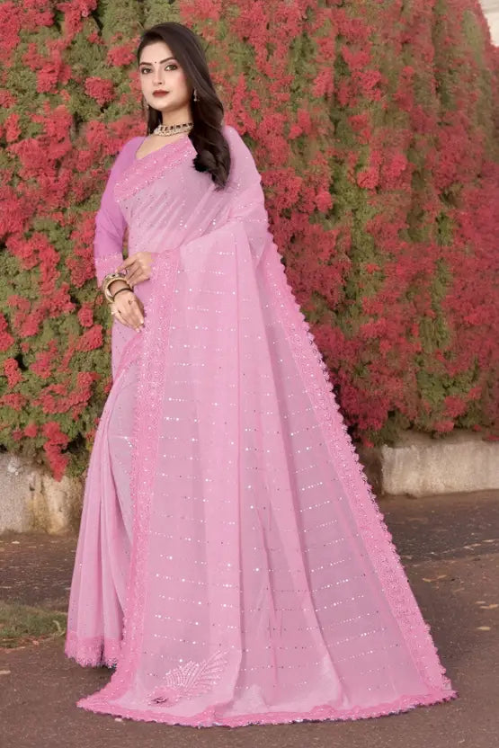 Labheshwari Pink Lycra Blend Saree with Lace Border