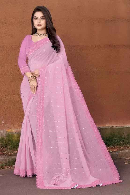 Labheshwari Pink Lycra Blend Saree with Lace Border